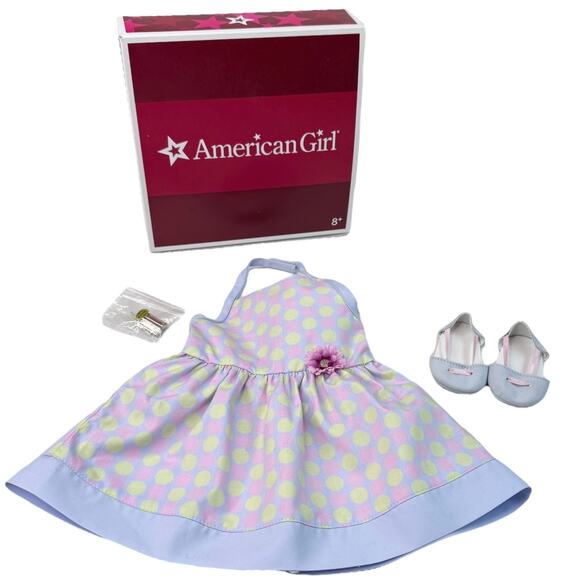NEW American Girl CHRISSA SUNDRESS Polka Dot Flower Hair Barrettes Shoes Box - Picture 2 of 8